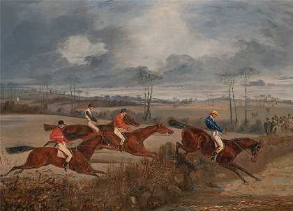 障碍赛的场景：走树篱`Scenes from a steeplechase: Taking a Hedge (ca. 1845) by Henry Thomas Alken
