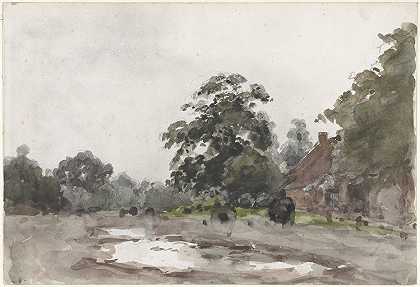 在前景有水的大树下耕种`Boerderij onder hoge bomen met water op de voorgrond (1845 ~ 1925) by Julius Jacobus van de Sande Bakhuyzen