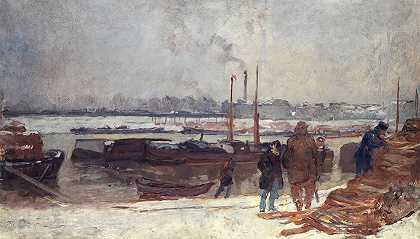 塞纳河，码头奥斯特利茨，雪效应`La Seine, au quai dAusterlitz, effet de neige (1900) by Auguste Louis Lepère