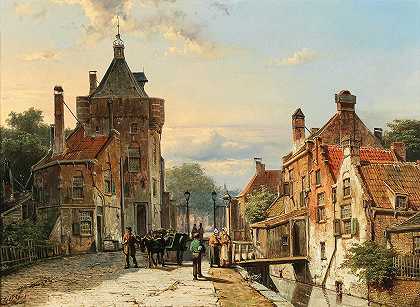 一个荷兰小镇的景色，人物在聊天`A View of a Netherlandish Town with Figures Chattering by Willem Koekkoek