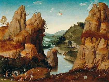 一幅岩石景观，其中有浸礼会圣约翰的生活场景`A rocky landscape with scenes from the life of Saint John the Baptist by Follower of Joachim Patinir