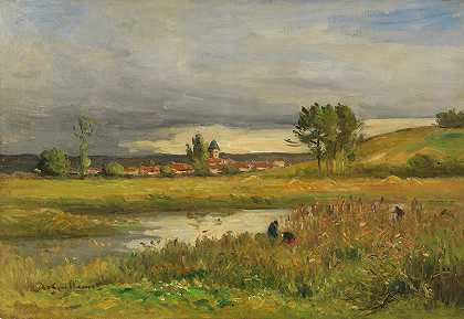 乡村与河流景观`Landscape with Village and River (1870) by Antoine Guillemet