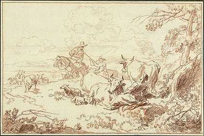 有牧羊人和牧羊女的牛羊`Cattle and Sheep with Shepherds and Shepherdess by Abraham Jansz. Begeyn