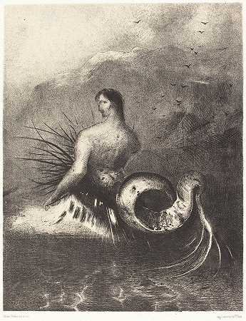 海妖从波浪中出现，身上披着倒刺`La sirene sortit des flots vetue de dards (The Siren clothed in barbs, emerged from the waves (1883) by Odilon Redon