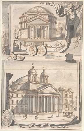 万神殿的重建图（上图）和1700年左右的外观图（下图）`A Reconstuction of the Pantheon (above) and a View of its Appearance Around 1700 (below) (before 1704) by Jan Goeree