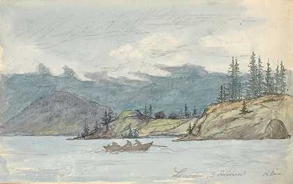 湖上有一艘划艇。挪威克鲁德伦湾`Lake Landscape with a Rowing Boat. The Fiord Krøderen, Norway (1830) by Martinus Rørbye