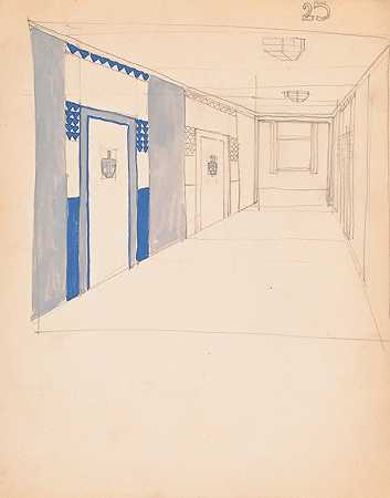 纽约州纽约市71街和百老汇阿拉马克室内设计草图。][不完整的走廊屋内透景观]`Interior design sketches for Alamac Hotel, 71st and Broadway, New York, NY.] [Incomplete interior perspective of a hallway (1923) by Winold Reiss