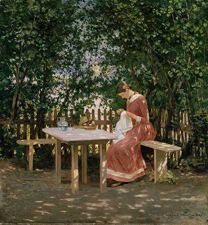 艺术家她妻子在另一个房间`The Artists Wife in the Arbour other (1889) by Gerhard Munthe