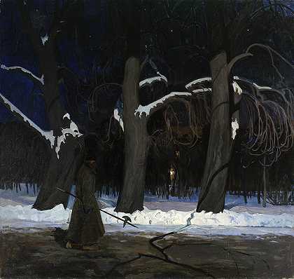 冬天的风景在夜间与戟`Winter landscape at night with a halberdier (circa 1907) by Henryk Szczygliński