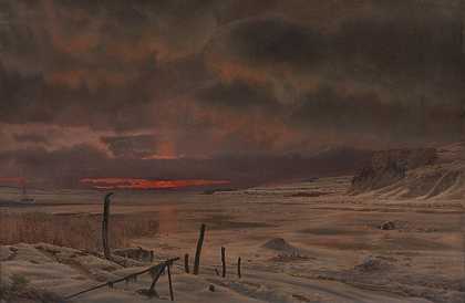 一个冬天晚上`A Winters Evening by a Danish Fiord (1875) by a Danish Fiord by Vilhelm Kyhn