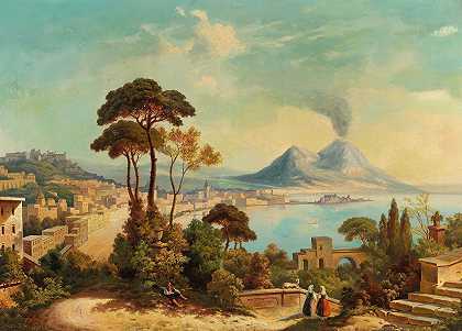 以维苏威火山为背景的那不勒斯景观`View of Naples with Vesuvius in the background (1861) by Ferdinand Lepie