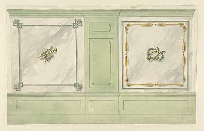 室内装饰设计，两块面板上装饰着乐器`Ontwerp voor kamerversiering met twee panelen met ornamenten van muziekinstrumenten (1767 ~ 1823) by Abraham Meertens