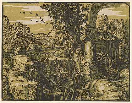 瀑布景观`Landschaft Mit Wasserfall (1597~1600) by Hendrick Goltzius