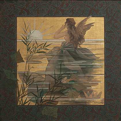日出时与有翼仙女的构图`Composition with winged nymph at sunrise (1887) by Alexandre de Riquer