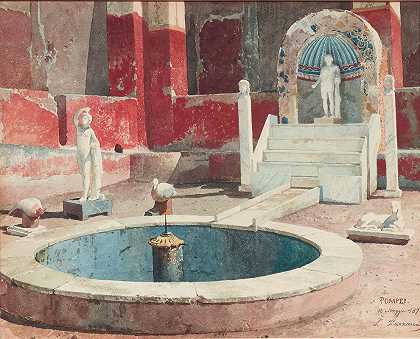 从庞贝城看一栋带有中庭的房子`View into a House with Atrium, Pompeii (1878) by Luigi Bazzani