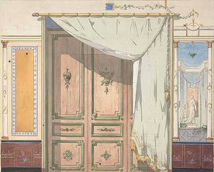 庞贝风格的门道和幕墙设计（可能适用于迪普登、多尔金、萨里）`Pompeiian Design for Doorway and Wall with Curtain (possibly for Deepdene, Dorking, Surrey) (19th Century) by Jules-Edmond-Charles Lachaise