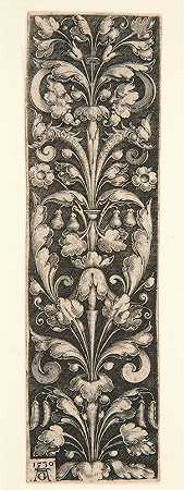 带有两个面具和两只海豚的装饰性树叶`Ornamental Foliage with Two Masks and Two Dolphins (1530) by Heinrich Aldegrever