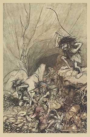 阿尔伯里奇驾驶着一辆满载金银财宝的尼伯龙汽车`Alberich drives in a band of Niblungs laden with gold and silver treasure (1910) by Arthur Rackham