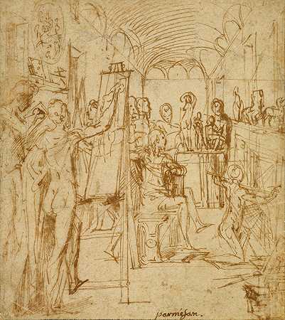 画家工作室的屋内`Interior of a Painter’s Studio (1530~1539) by Parmigianino