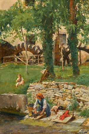 意大利维尼托Serra Valle洗衣日`Washing Day, Serra Valle, Veneto, Italy (1914) by Henry Woods