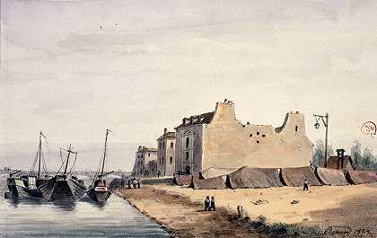 贝恩斯（国民警卫队监狱），圣伯纳德码头。`Lhôtel des Haricots (prison de la Garde Nationale), quai Saint~ Bernard. (1829) by Auguste-Sébastien Bénard