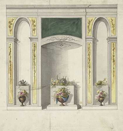 室内装饰设计，有三个壁龛，壁龛内有花瓶`Ontwerp voor kamerversiering met drie nissen waarin bloemenvazen (1767 ~ 1823) by Abraham Meertens