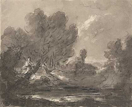 池塘边树上的身影`Figure in Tree near Pond by George Howland Beaumont