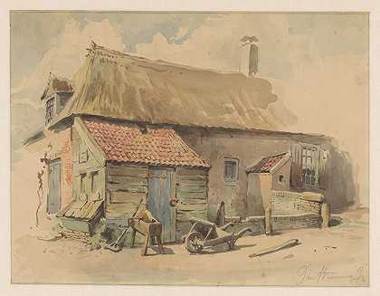带木质扩建部分的农舍，前面有一辆独轮车和一块磨石`Boerenhuis met houten aanbouw, ervoor een kruiwagen en een slijpsteen (1837 ~ 1903) by Jan Striening