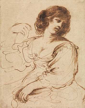 一个坐着的年轻女子回头看`A Seated Young Woman Looking Over Her Shoulder (early–mid~17th century) by Guercino