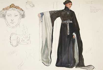 理查德二世（黑色），亨利·欧文1898年计划制作的理查德二世的服装素描`Richard II (in black), costume sketch for Henry Irving’s 1898 Planned Production of Richard II by Edwin Austin Abbey