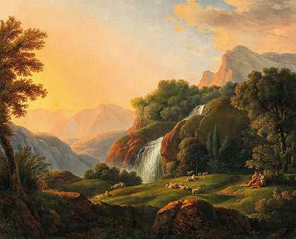 有瀑布和牧羊人的风景`Landschaft mit Wasserfall und Hirten (1811) by Johann Nepomuk Schödlberger