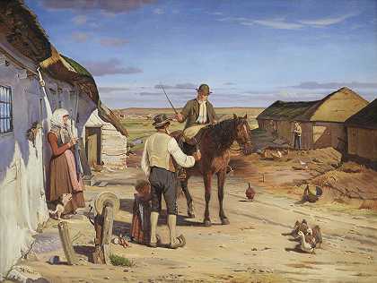一个陌生人在沼地上的一个农场问路`A Stranger Asking his Way at a Farm on the Moors (1876 ~ 1877) by Hans Smidth