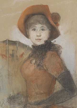 一个戴着帽子和伞的女孩的肖像`Bildnis eines Mädchens mit Hut und Schirm by Bruno Piglhein