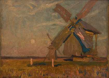 风车景观`Landscape with Windmills (1905) by Jan Stanislawski
