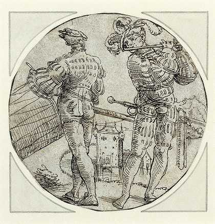 护城河城堡前的吹奏者和鼓手`A Flutist and Drummer Before a Moated Castle (1515) by Master of the Berlin Roundels