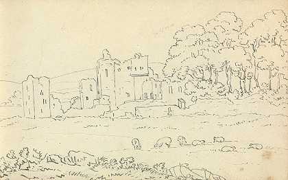 城堡废墟的草图，前景是奶牛在吃草`Sketch of Castle Ruins with Cows Grazing in the foreground by Thomas Bradshaw