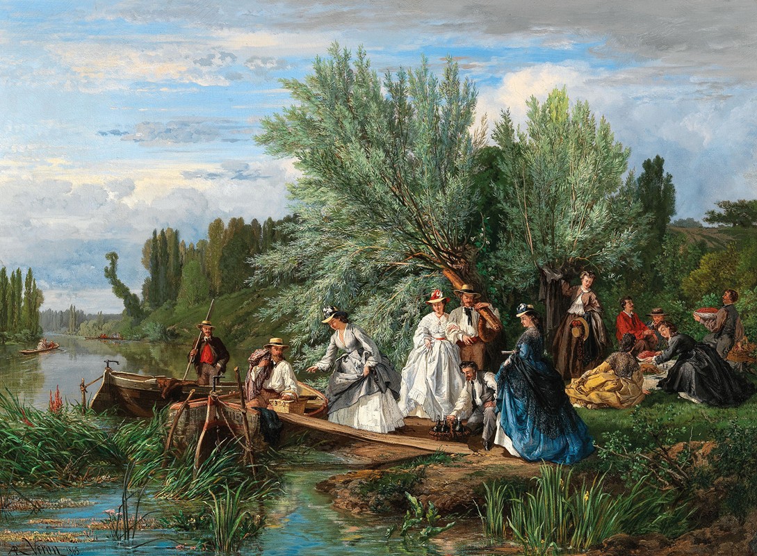 一次野餐`A Picnic by the River (1863) by the River by Alexandre René Veron