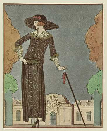 忧郁的漫步者连衣裙下午，德比`La promeneuse mélancolique ; Robe daprès~midi, de Beer (1922) by George Barbier