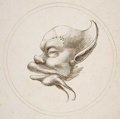 怪诞的头，大眉毛在一个圆圈内向左看`Grotesque Head With a Large Eyebrow Looking to the Left Within a Circle (1727) by Gaetano Piccini