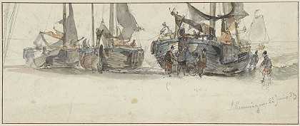 申维宁根海滩上的渔船`Vissersboten op het strand van Scheveningen (1839) by Willem Roelofs