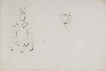 两张草图罗加尔的纹章和底座上的花瓶`dwa szkice herb Rogala i waza na postumencie (1883~1886) by Ferdynand Bryll
