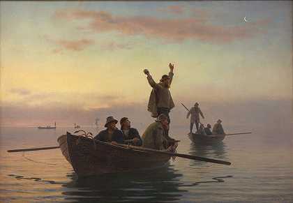 霍恩呕吐。清晨。`Hornfiskefangst med drivvod. Tidlig morgen (1880) by A. Dorph