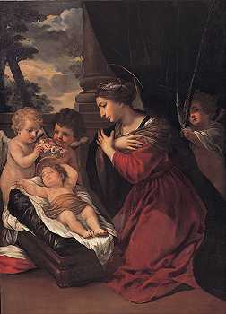 当娜带着孩子和天使`Madonna with the Child and angels (1625) by Pietro da Cortona 