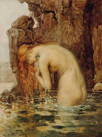 隐藏的水池`The hidden pool (1892) by Henry John Stock