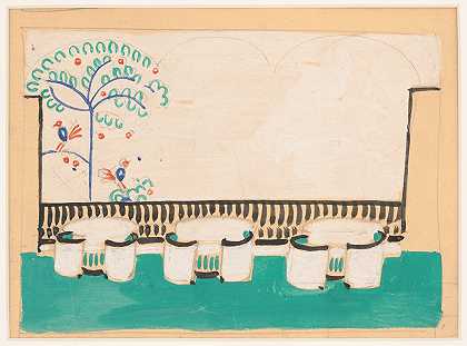 纽约东48街15号Crillon餐厅的室内透视研究。]【冬季花园学习】`Interior perspective studies for Restaurant Crillon, 15 East 48th Street, New York, NY.] [Study for Winter Garden (1919) by Winold Reiss