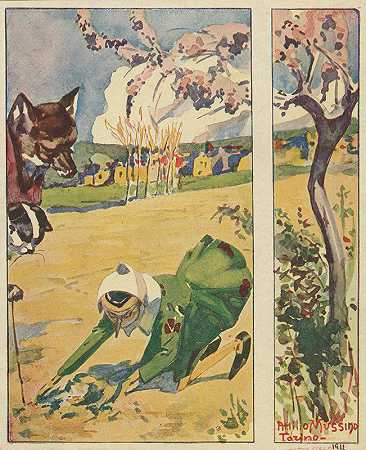 皮诺奇又找到了狐狸和猫，并和他们一起去把金子撒在神奇的田野里。`Pinocchio finds the fox and the cat again, and goes with them to sow the gold pieces in the Field of Wonders. (1925) by Attilio Mussino