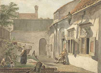 乌得勒支市政厅`Binnenplaatsje met figuren te Utrecht (1773 ~ 1815) by Hermanus van Brussel
