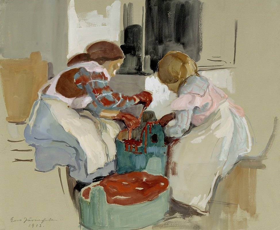 两个女孩在染布`Two Girls Dyeing Fabric (1913) by Eero Järnefelt