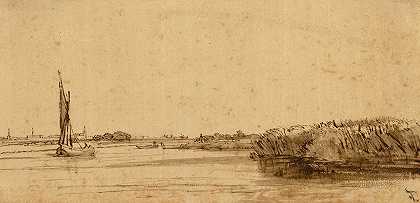 广阔水域上的帆船`A Sailing Boat on a Wide Expanse of Water (1650) by Rembrandt van Rijn