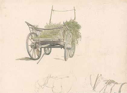 一辆有啤酒花和两匹马的草图的马车`A Wagon With Hops and Two Sketches of Horses by Robert Hills